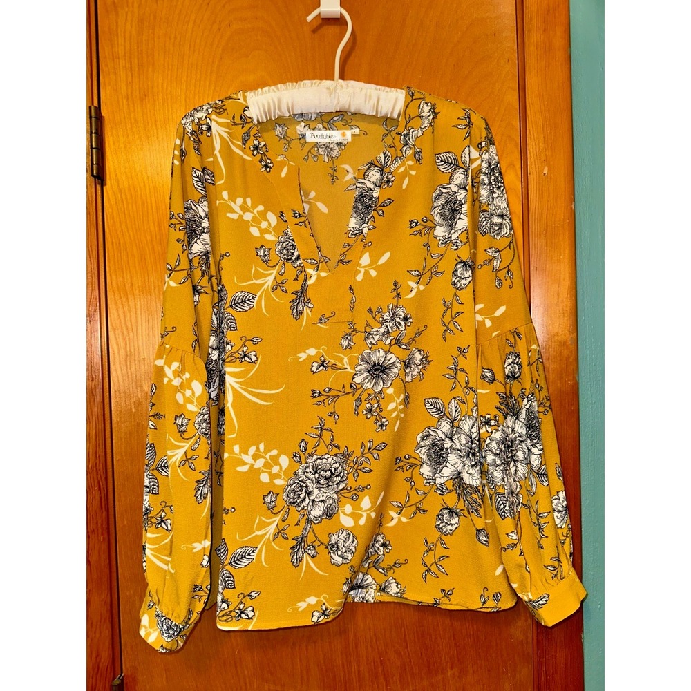 Available by Angela Fashion Womens‎ Yellow Floral Boutique Long Sleeve Top Large